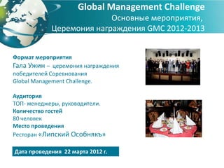 Global Management Challenge
                          Основные мероприятия,
            Церемония награждения GMC 2012-2013


Формат мероприятия
Гала Ужин – церемония награждения
победителей Соревнования
Global Management Challenge.

Аудитория
ТОП- менеджеры, руководители.
Количество гостей
80 человек
Место проведения
Ресторан «Липский Особнякъ»

Дата проведения 22 марта 2012 г.
 