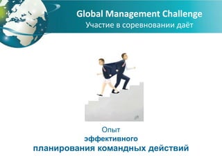 Global Management Challenge
          Участие в соревновании даёт




             Опыт
          эффективного
планирования командных действий
 