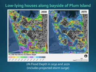 Low-lying houses along bayside of Plum Island
1% Flood Depth in 2030 and 2070
(includes projected storm surge)
2030 2070
 