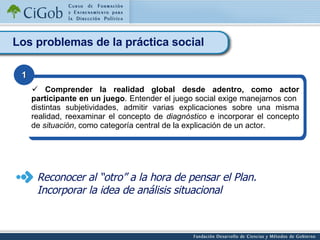 Los problemas de la práctica social Comprender la realidad global desde adentro, como actor participante en un juego . Entender el juego social exige manejarnos con  distintas subjetividades, admitir varias explicaciones sobre una misma realidad, reexaminar el concepto de  diagnóstico  e incorporar el concepto de  situación , como categoría central de la explicación de un actor.   1 Reconocer al “otro” a la hora de pensar el Plan. Incorporar la idea de análisis situacional 