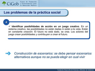 Los problemas de la práctica social Identificar posibilidades de acción en un juego creativo . En un sistema creativo, las posibilidades no están dadas ni están a la vista. Están en constante  creación . El futuro no está dado, se crea. Los actores del juego crean posibilidades y contribuyen a crear el futuro. 4 Construcción de escenarios: se debe pensar escenarios  alternativos aunque no se pueda elegir en cual vivir 