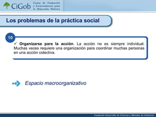 Los problemas de la práctica social Organizarse para la acción . La acción no es siempre individual. Muchas veces requiere una organización para coordinar muchas personas en una acción colectiva. 10 Espacio macroorganizativo 