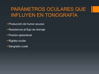 PARÁMETROS OCULARES QUE
   INFLUYEN EN TONOGRAFÍA
 Producción de humor acuoso

 Resistencia al flujo de drenaje

 Presión epiescleral

 Rigidez ocular

 Sangrado uveal
 