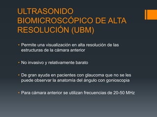 ULTRASONIDO
BIOMICROSCÓPICO DE ALTA
RESOLUCIÓN (UBM)
• Permite una visualización en alta resolución de las
  estructuras de la cámara anterior

• No invasivo y relativamente barato

• De gran ayuda en pacientes con glaucoma que no se les
  puede observar la anatomía del ángulo con gonioscopia

• Para cámara anterior se utilizan frecuencias de 20-50 MHz
 