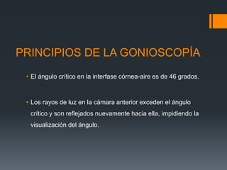 PRINCIPIOS DE LA GONIOSCOPÍA
 • El ángulo crítico en la interfase córnea-aire es de 46 grados.



 • Los rayos de luz en la cámara anterior exceden el ángulo
  crítico y son reflejados nuevamente hacia ella, impidiendo la
  visualización del ángulo.
 