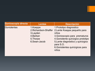 GONIOLENTES
Gonioscopía directa
Goniolentes
                  Lentes
            1.Koeppe
                                                      Descripción
                                           1.Prototipo diagnostico
                      2.Richardson-Shaffer 2.Lente Koeppe pequeño para
                      3.Layden             niños
                      4.Barkan             3.Gonioscopio para prematuros
                      5.Thorpe             4.Goniolente quirúrgico prototipo
                      6.Swan-Jacob         5.Lente diagnóstico y quirúrgico
                                           para S.O.
                                           6.Goniolentes quirúrgicos para
                                           niños
 