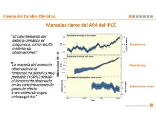 Ciencia del Cambio Climático

                        Mensajes claros del AR4 del IPCC

   “ El calentamiento del
    sistema climático es
    inequívoco, como resulta                                   Temperatura
    evidente de
    observaciones”


   “La mayoría del aumento                                     Nivel del mar
    observado en la
    temperatura global es muy
    probable (>90%) debido
    al incremento observado
    en las concentraciones de                                  Cobertura de nieve
    gases de efecto
    invernadero de origen
    antropogénico”

                                                           www.innovacionambiental.cl
 