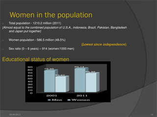 Women in the population
o Total population - 1210.2 million (2011)
{Almost equal to the combined population of U.S.A., Indonesia, Brazil, Pakistan, Bangladesh
and Japan put together}
o Women population - 586.5 million (48.5%)
o Sex ratio (0 – 6 years) – 914 (women/1000 men)
Educational status of women
05-09-2013 10
{Lowest since independence}
 
