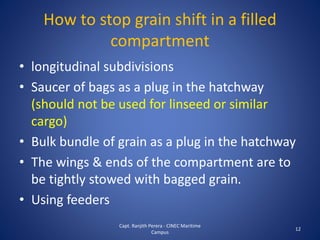 How to stop grain shift in a filled
compartment
• longitudinal subdivisions
• Saucer of bags as a plug in the hatchway
(should not be used for linseed or similar
cargo)
• Bulk bundle of grain as a plug in the hatchway
• The wings & ends of the compartment are to
be tightly stowed with bagged grain.
• Using feeders
12
Capt. Ranjith Perera - CINEC Maritime
Campus
 