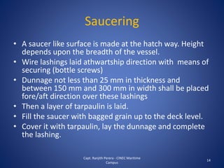 14
Saucering
• A saucer like surface is made at the hatch way. Height
depends upon the breadth of the vessel.
• Wire lashings laid athwartship direction with means of
securing (bottle screws)
• Dunnage not less than 25 mm in thickness and
between 150 mm and 300 mm in width shall be placed
fore/aft direction over these lashings
• Then a layer of tarpaulin is laid.
• Fill the saucer with bagged grain up to the deck level.
• Cover it with tarpaulin, lay the dunnage and complete
the lashing.
Capt. Ranjith Perera - CINEC Maritime
Campus
 