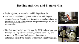 Bacillus anthracis and Bioterrorism
• Major agent of bioterrorism and biological warfare
• Anthrax is considered a potential threat as a biological
weapon because B. anthracis forms spores easily and can be
produced in a dry form that can be spread through the air or
as a powder.
• Notable bioterrorism uses include the 2001 anthrax attacks -
through sending letters containing anthrax spores by mail -
resulted in 22 cases of anthrax—11 inhalation and 11
cutaneous. Five of the patients with inhalation anthrax died.
 
