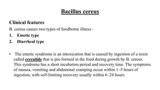Bacillus cereus
Clinical features
B. cereus causes two types of foodborne illness :
1. Emetic type
2. Diarrheal type
• The emetic syndrome is an intoxication that is caused by ingestion of a toxin
called cereulide that is pre-formed in the food during growth by B. cereus.
This syndrome has a short incubation period and recovery time. The symptoms
of nausea, vomiting and abdominal cramping occur within 1–5 hours of
ingestion, with self-limiting recovery usually within 6–24 hours
 