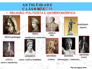 RELIGIÃO: POLITEÍSTA E ANTROPOMÓRFICA ZEUS principal HERA  (mulheres e casamento); ATENA  (artes e sabedoria); APOLO (luz) ARTÊMIS (caça); POSÊIDON  (águas); HERMES (mensageiro – comércio); DIONÍSIO (vinho); AFRODITE  (amor e beleza feminina). 