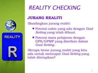 REALITY CHECKING
JURANG REALITI
Bandingkan

jurang realiti:



Potensi calon yang ada dengan Goal
Setting yang telah dibuat.



Potensi mata pelajaran dengan
GPS/GPMP yang disetkan dalam
Goal Setting.

Berapa

besar jurang realiti yang kita
ada untuk mencapai Goal Setting yang
telah ditetapkan?

22

 