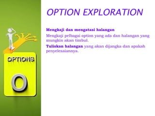 OPTION EXPLORATION
Mengkaji dan mengatasi halangan
Mengkaji pelbagai option yang ada dan halangan yang
mungkin akan timbul.
Tuliskan halangan yang akan dijangka dan apakah
penyelesaiannya.

 
