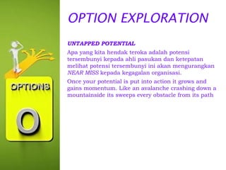 OPTION EXPLORATION
UNTAPPED POTENTIAL
Apa yang kita hendak teroka adalah potensi
tersembunyi kepada ahli pasukan dan ketepatan
melihat potensi tersembunyi ini akan mengurangkan
NEAR MISS kepada kegagalan organisasi.
Once your potential is put into action it grows and
gains momentum. Like an avalanche crashing down a
mountainside its sweeps every obstacle from its path

 