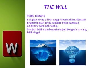 THE WILL
TEORI ICEBERG

Bongkah air itu dilihat tinggi dipermukaan. Semakin
tinggi bongkah air itu semakin besar bahagian
dalamnya yang terlindung.
Menjadi lebih maju bererti menjadi bongkah air yang
lebih tinggi.

 