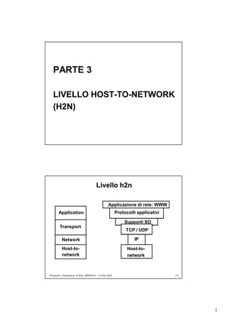 PARTE 3

   LIVELLO HOST-TO-NETWORK
   (H2N)




                                          Livello h2n

                                                     Applicazione di rete: WWW
        Application                                         Protocolli applicativi

                                                                Supporti SO
         Transport
                                                                 TCP / UDP

           Network                                                   IP

           Host-to-                                               Host-to-
           network                                                network



Protocolli e Architetture di Rete 2009/2010 – Livello H2N                            3.2




                                                                                           1
 