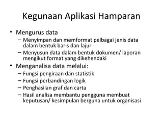 Kegunaan Aplikasi Hamparan
• Mengurus data
– Menyimpan dan memformat pelbagai jenis data
dalam bentuk baris dan lajur
– Menyusun data dalam bentuk dokumen/ laporan
mengikut format yang dikehendaki
• Menganalisa data melalui:
– Fungsi pengiraan dan statistik
– Fungsi perbandingan logik
– Penghasilan graf dan carta
– Hasil analisa membantu pengguna membuat
keputusan/ kesimpulan berguna untuk organisasi
 