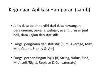 Kegunaan Aplikasi Hamparan (samb)
• Jenis data boleh terdiri dari data kewangan,
perakaunan, pekerja, pelajar, event, urusan jual
beli, data kajian dan statistik
• Fungsi pengiraan dan statistik (Sum, Average, Max,
Min, Count, Stedev & Var)
• Fungsi perbandingan logik (If, String, Value, Find,
Mid, Left/Right, Replace & Concatenate)
 