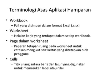 Terminologi Asas Aplikasi Hamparan
• Workbook
– Fail yang disimpan dalam format Excel (.xlsx)
• Worksheet
– Helaian kerja yang terdapat dalam setiap workbook.
• Page dalam worksheet
– Paparan tetapan ruang pada worksheet untuk
cetakan mengikut saiz kertas yang ditetapkan oleh
pengguna
• Cells
– Titik silang antara baris dan lajur yang digunakan
untuk memasukan label atau nilai.
 