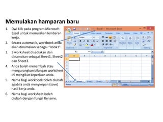 Memulakan hamparan baru
1. Dwi klik pada program Microsoft
Excel untuk memulakan lembaran
kerja.
2. Secara automatik, workbook anda
akan dinamakan sebagai “Book1” .
3. 3 worksheet disediakan dan
dinamakan sebagai Sheet1, Sheet2
dan Sheet3.
4. Anda boleh menambah atau
mengurangkan bilangan worksheet
ini mengikut keperluan anda.
5. Nama bagi workbook boleh diubah
apabila anda menyimpan (save)
hasil kerja anda.
6. Nama bagi worksheet boleh
diubah dengan fungsi Rename.
 