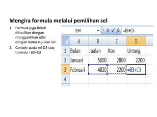 Mengira formula melalui pemilihan sel
1. Formula juga boleh
dihasilkan dengan
menggantikan nilai
dengan nama rujukan sel.
2. Contoh: pada sel D3 taip
formula =B3+C3
 