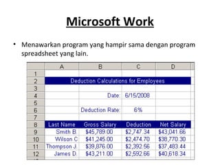 Microsoft Work
• Menawarkan program yang hampir sama dengan program
spreadsheet yang lain.
 
