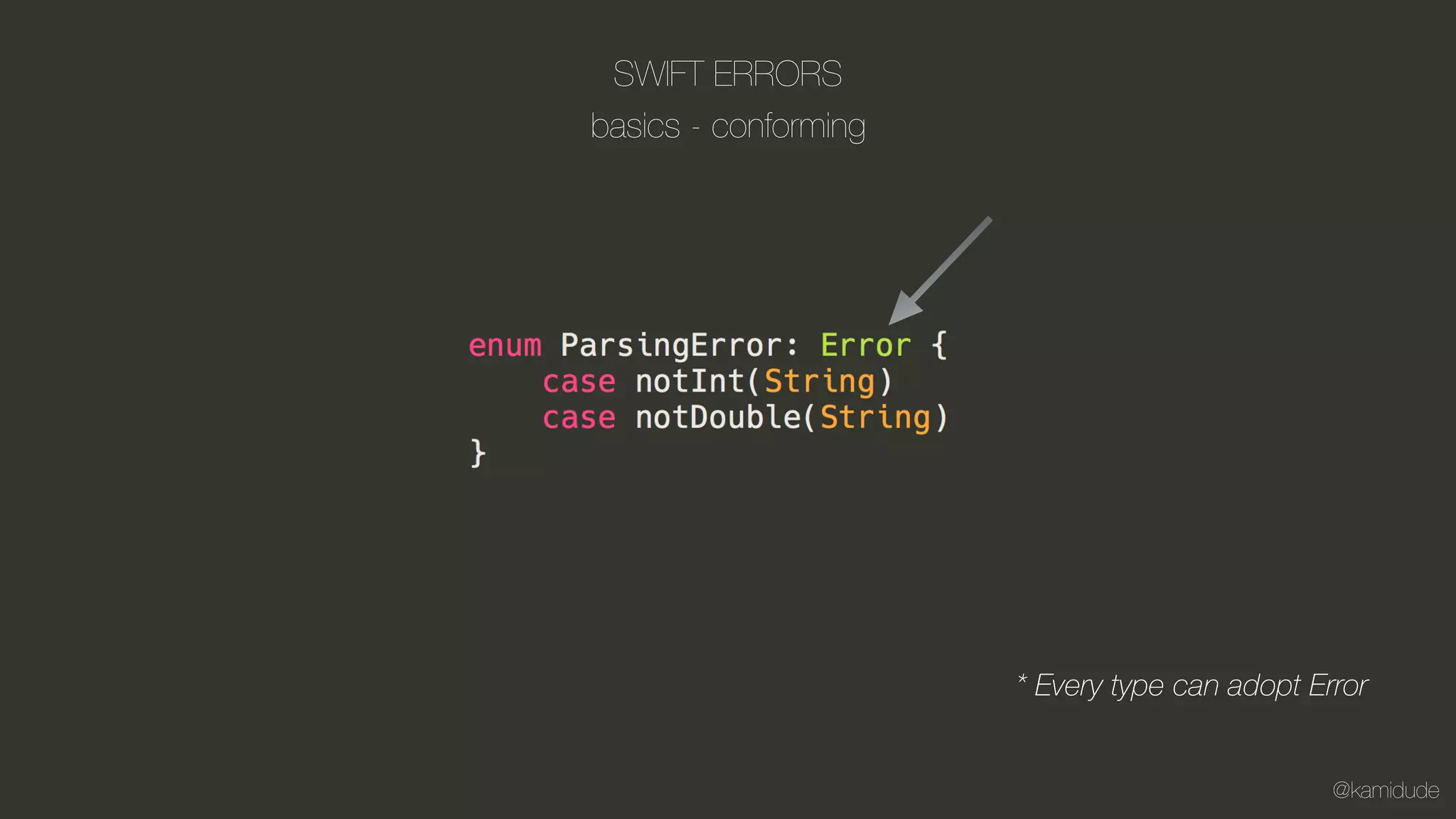 @kamidude
SWIFT ERRORS
* Every type can adopt Error
basics - conforming
 