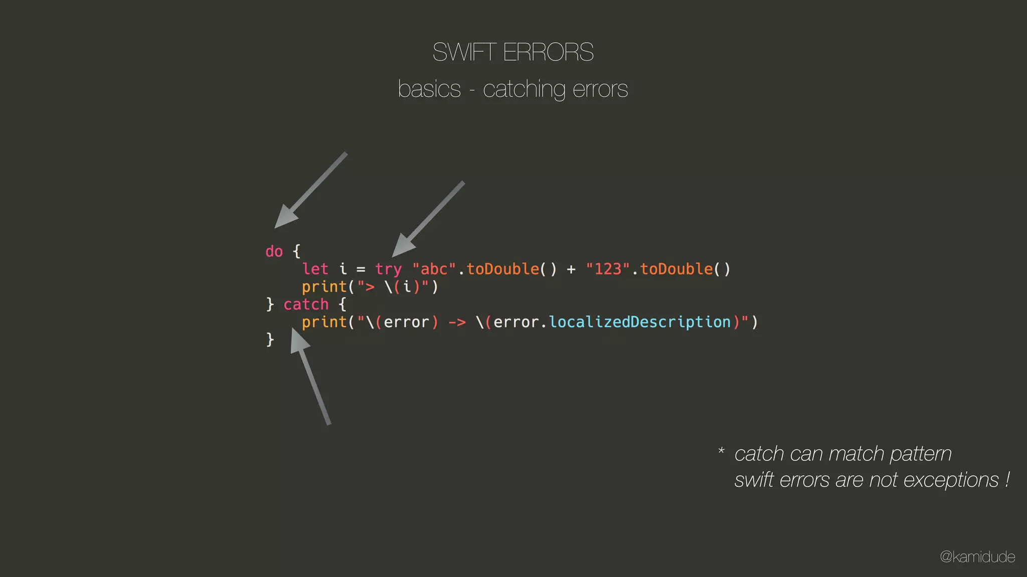 @kamidude
SWIFT ERRORS
basics - catching errors
catch can match pattern
swift errors are not exceptions !
*
 