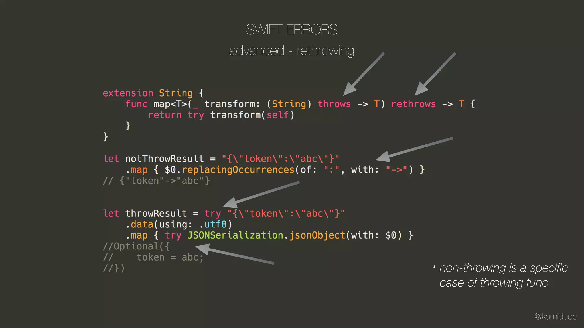 @kamidude
SWIFT ERRORS
advanced - rethrowing
non-throwing is a specific  
case of throwing func
*
 
