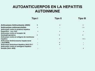 AUTOANTICUERPOS EN LA HEPATITIS
                       AUTOINMUNE
                                      Tipo I     Tipo II   Tipo III

Anticuerpos Antinucleares (ANA)              +       -         -
Anticuerpos antimusculoliso                  +       -         -/+
Anticuerpo contra la proteína hepática
Especifica ( Anti- PHE)                      +       +          +
Anticuerpo contra el receptor de
Asialoglicoproteina                          +       +         +
Anticuerpo contra el antigeno de membrana
hepática                                     -       +         +/-
Anticuerpo Antimicrosoma hepato-renal
( Anti-MHR)                                  -       +          -
Anticuerpo Anticitosol Hepático (Anti CH 1   -       +          -
Anticuerpo contra el antiogeno hepático
Soluble (Anti- AHS)                          -        -         +
 