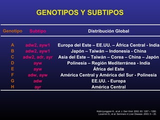 GENOTIPOS Y SUBTIPOS

Genotipo      Subtipo                     Distribución Global


   A        adw2, ayw1      Europa del Este – EE.UU. – África Central - India
   B        adw2, ayw1            Japón – Taiwán – Indonesia - China
   C       adw2, adr, ayr   Asia del Este – Taiwán – Corea – China – Japón
   D           ayw              Polinesia – Región Mediterránea - India
   E           ayw                           África del Este
   F         adw, ayw        América Central y América del Sur - Polinesia
   G           adw                          EE.UU. - Europa
   H           ayr                          América Central




                                              Kidd-Ljunggren K., et al. J. Gen Virol. 2002; 83: 1267 – 1280.
                                               Locarnini S., et al. Seminars in Liver Disease. 2003; 5 – 20.
 