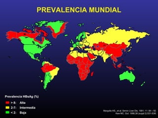 PREVALENCIA MUNDIAL




Prevalencia HBsAg (%)

   > 8:   Alta
   2-7:   Intermedia
                                     Margolis HS., et al. Semin Liver Dis. 1991; 11: 84 – 92.
   < 2:   Baja                                   Kew MC. Gut. 1996;38 (suppl 2):S31-S36.
 