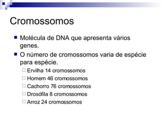 Cromossomos Molécula de DNA que apresenta vários genes. O número de cromossomos varia de espécie para espécie. Ervilha 14 cromossomos Homem 46 cromossomos Cachorro 76 cromossomos Drosófila 8 cromossomos Arroz 24 cromossomos  