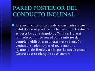 PARED POSTERIOR DEL CONDUCTO INGUINAL  La pared posterior es dónde se encuentra la zona débil donde se producen la hernias directas donde se describe : el triángulo de William Hessert limitado por arriba por el borde inferior del complejo oblicuo menor-transverso ( tendón conjunto ) , adentro por el recto mayor y ligamento de Henle y abajo por la arcada crural . Dentro de este triángulo se encuentra: 