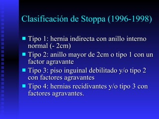 Clasificación de Stoppa (1996-1998) Tipo 1: hernia indirecta con anillo interno normal (- 2cm) Tipo 2: anillo mayor de 2cm o tipo 1 con un factor agravante Tipo 3: piso inguinal debilitado y/o tipo 2 con factores agravantes Tipo 4: hernias recidivantes y/o tipo 3 con factores agravantes.  