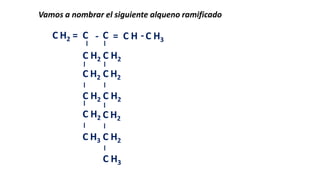 Vamos a nombrar el siguiente alqueno ramificado

C H2 = C - C = C H - C H3
C H2 C H2
C H2 C H2
C H2 C H2
C H2 C H2
C H3 C H2

C H3

 