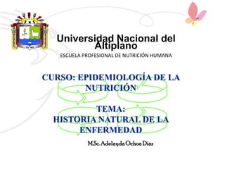 Universidad Nacional del
         Altiplano
   ESCUELA PROFESIONAL DE NUTRICIÓN HUMANA



CURSO: EPIDEMIOLOGÍA DE LA
        NUTRICIÓN

          TEMA:
  HISTORIA NATURAL DE LA
       ENFERMEDAD
            M.Sc. Adelayda Ochoa Díaz
 