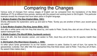 Comparing the Changes
Various sorts of changes from various stages of English can be compared from the translations of the Bible
(Matthew 27:73) at different time periods, starting with the present and working back to Old English. This particular
example reveals the changes that have taken place in English language.
1. Modern English (The New English Bible, 1961):
Shortly afterwards the bystanders carne up and said to Peter, 'Surely you are another of them; your accent gives
you away!'
2. Early Modern English (The King James Bible, 1611):
And after a while carne vnto him they that stood by, and saide to Peter, Surely thou also art one of them, for thy
speech bewrayeth thee.
3. Middle English (The Wycliff Bible, fourteenth century):
And a litil aftir, thei that stooden camen, and seiden to Petir, treuli thou art of hem; for thi speche makith thee
knowun.
4. Old English (The West-Saxon Gospels, c. 1050):
I'a refter lytlum fyrste geneaIreton I'a oe I'rer stodon, cwredon to petre. Soolice I'u eart of hym, I'yn sprrec I'e
gesweotolao. [Literally: then after little first approached they that there stood, said to Peter. Truly thou art of them,
thy speech thee makes clear.]
 