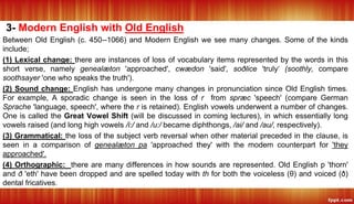 3- Modern English with Old English
Between Old English (c. 450--1066) and Modern English we see many changes. Some of the kinds
include;
(1) Lexical change: there are instances of loss of vocabulary items represented by the words in this
short verse, namely genealæton 'approached', cwædon 'said', soðlice 'truly‘ (soothly, compare
soothsayer 'one who speaks the truth').
(2) Sound change: English has undergone many changes in pronunciation since Old English times.
For example, A sporadic change is seen in the loss of r from spræc 'speech' (compare German
Sprache 'language, speech', where the r is retained). English vowels underwent a number of changes.
One is called the Great Vowel Shift (will be discussed in coming lectures), in which essentially long
vowels raised (and long high vowels /i:/ and /u:/ became diphthongs, /ai/ and /au/, respectively).
(3) Grammatical: the loss of the subject verb reversal when other material preceded in the clause, is
seen in a comparison of genealæton pa 'approached they' with the modem counterpart for 'they
approached'.
(4) Orthographic: there are many differences in how sounds are represented. Old English ƿ 'thorn'
and ð 'eth' have been dropped and are spelled today with th for both the voiceless (θ) and voiced (ð)
dental fricatives.
 