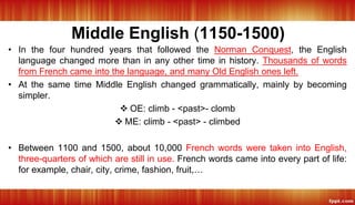 Middle English (1150-1500)
• In the four hundred years that followed the Norman Conquest, the English
language changed more than in any other time in history. Thousands of words
from French came into the language, and many Old English ones left.
• At the same time Middle English changed grammatically, mainly by becoming
simpler.
 OE: climb - <past>- clomb
 ME: climb - <past> - climbed
• Between 1100 and 1500, about 10,000 French words were taken into English,
three-quarters of which are still in use. French words came into every part of life:
for example, chair, city, crime, fashion, fruit,…
 