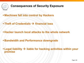 Consequences of Security Exposure Machines fall into control by Hackers Theft of Credentials    financial loss Hacker launch local attacks to the whole network Bandwidth and Performance downgrade Legal liability    liable for hacking activities within your premise 