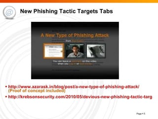 New Phishing Tactic Targets Tabs http:// www.azarask.in /blog/post/a-new-type-of-phishing-attack/   (Proof of concept included) http://krebsonsecurity.com/2010/05/devious-new-phishing-tactic-targets-tabs/ 