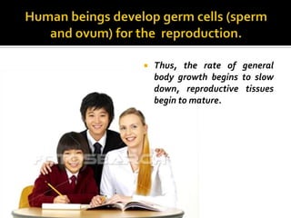    Thus, the rate of general
    body growth begins to slow
    down, reproductive tissues
    begin to mature.
 