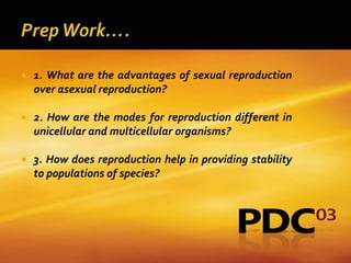   1. What are the advantages of sexual reproduction
    over asexual reproduction?

   2. How are the modes for reproduction different in
    unicellular and multicellular organisms?

   3. How does reproduction help in providing stability
    to populations of species?
 