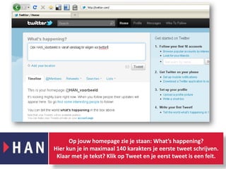 Op jouw homepage zie je staan: What’s happening? Hier kun je in maximaal 140 karakters je eerste tweet schrijven. Klaar met je tekst? Klik op Tweet en je eerst tweet is een feit.  