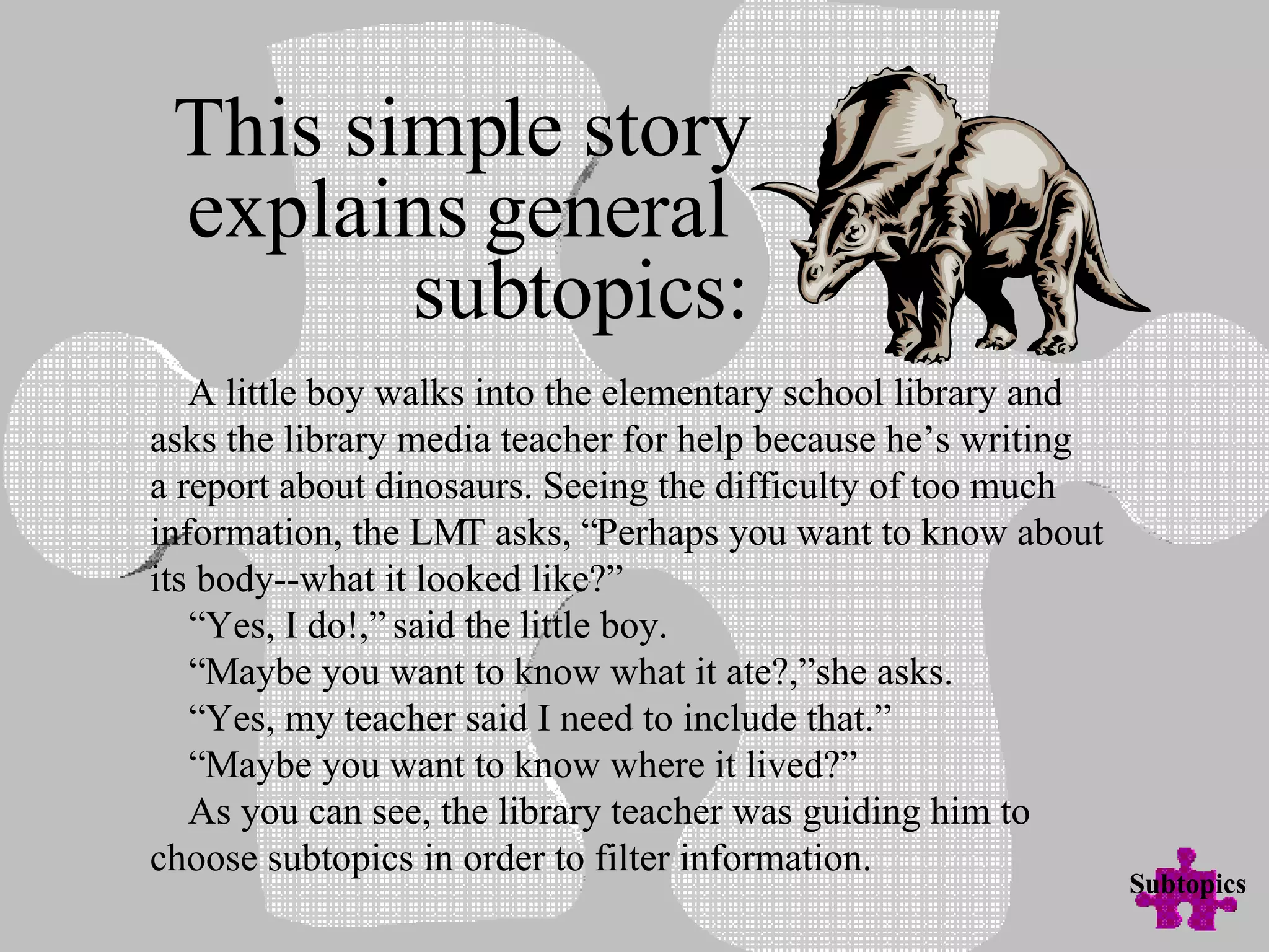 This simple story explains general  subtopics: A little boy walks into the elementary school library and asks the library media teacher for help because he’s writing  a report about dinosaurs. Seeing the difficulty of too much information, the LMT asks, “Perhaps you want to know about its body--what it looked like?” “ Yes, I do!,” said the little boy. “ Maybe you want to know what it ate?,” she asks. “ Yes, my teacher said I need to include that.” “ Maybe you want to know where it lived?” As you can see, the library teacher was guiding him to choose subtopics in order to filter information.  Subtopics 