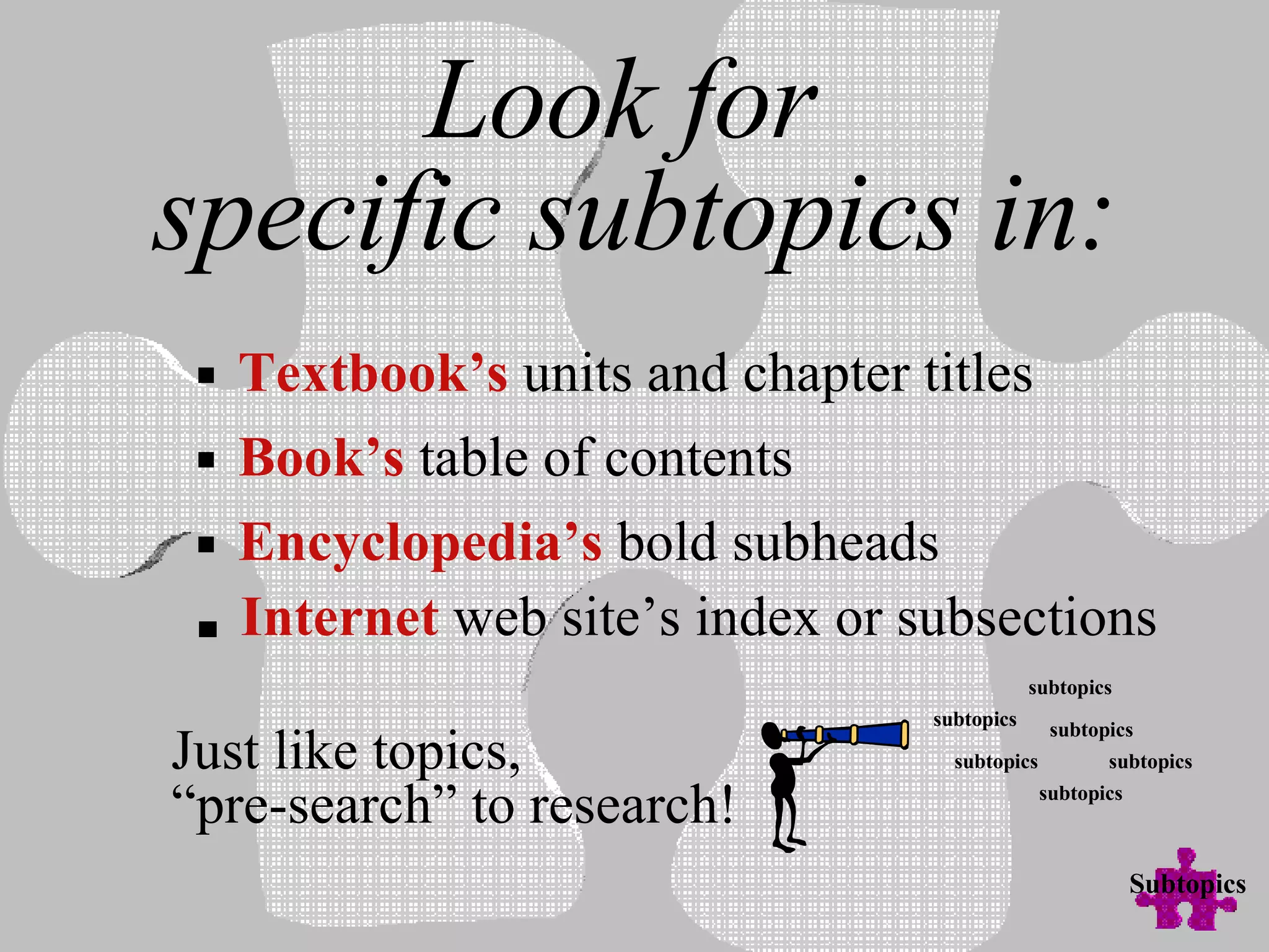 Look for  specific subtopics in: Just like topics,  “ pre-search” to research!  subtopics subtopics subtopics subtopics subtopics subtopics Book’s   table of contents Encyclopedia’s   bold subheads Textbook’s   units and chapter titles Internet   web site’s index or subsections Subtopics 