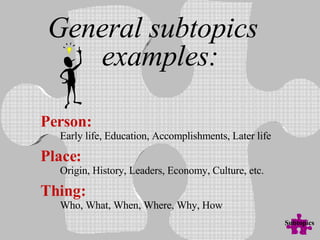 General subtopics  examples: Person: Early life, Education, Accomplishments, Later life Place: Origin, History, Leaders, Economy, Culture, etc. Thing: Who, What, When, Where, Why, How Subtopics 